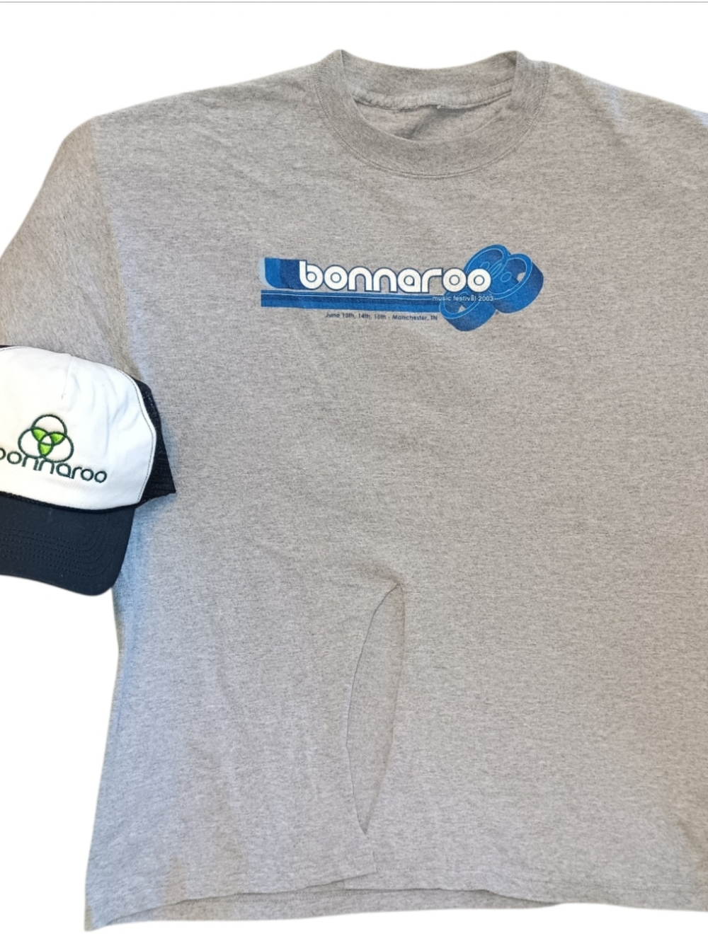 Bonnaroo Graphic Logo Tee in Heather Gray With Bonnaroo Trucker Hat from 2003